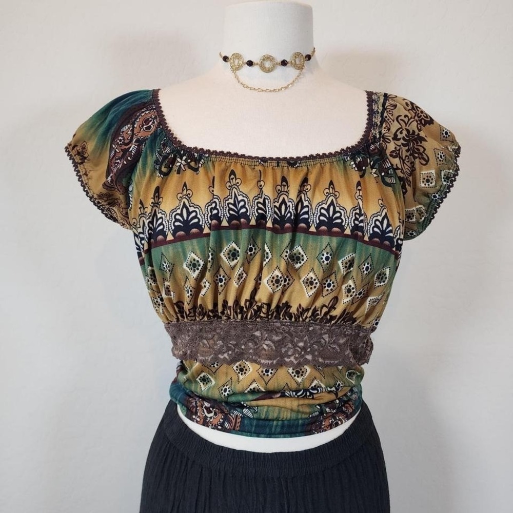 Boho Peasant Top Earth Tones Brown‎ Green Paisley Blouse Festival Hippie Fits XL